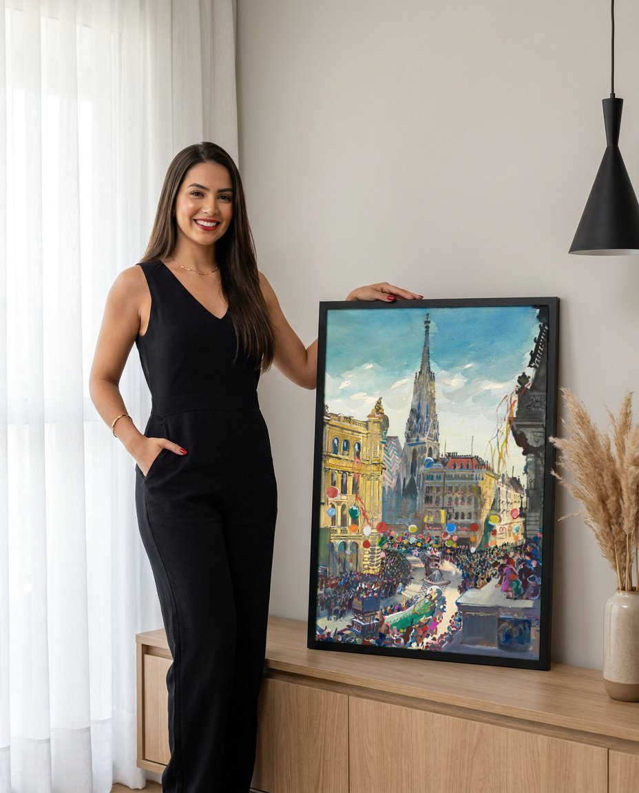 Quadro Decorativo Parada Festiva em Viena - Oskar Laske com modelo em ambiente