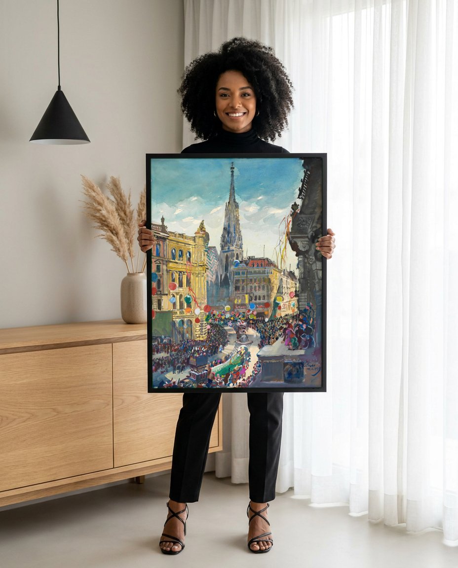 Quadro Decorativo Parada Festiva em Viena - Oskar Laske com modelo em ambiente