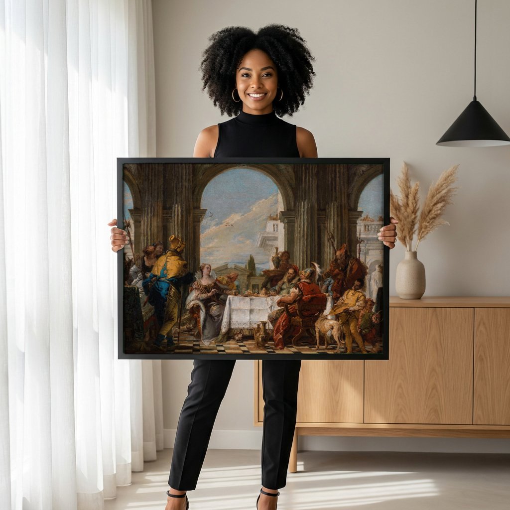 Quadro Decorativo Banquete Suntuoso - Tiepolo com modelo em ambiente