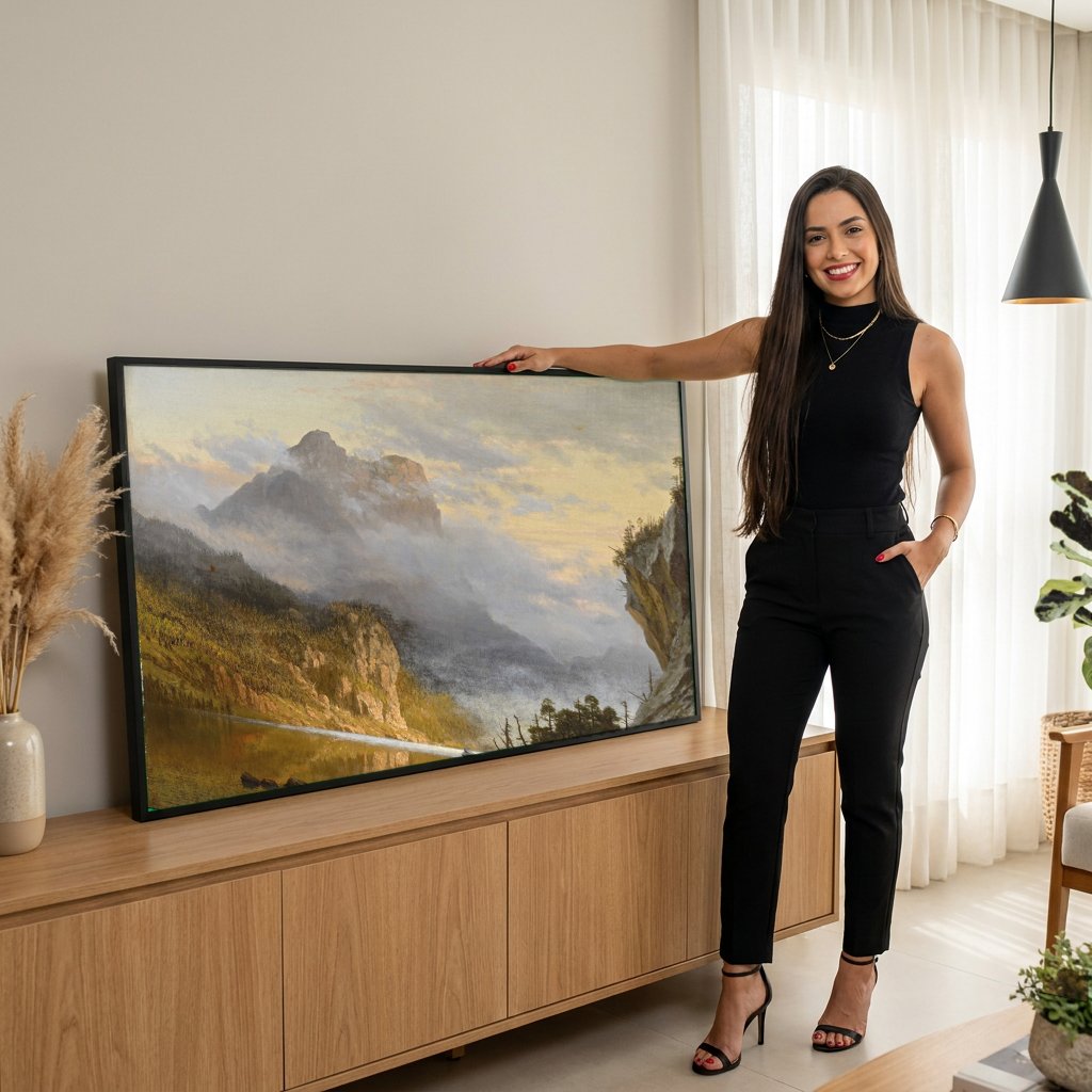 Quadro Decorativo 'Lake Tahoe' - Albert Bierstadt com modelo em ambiente