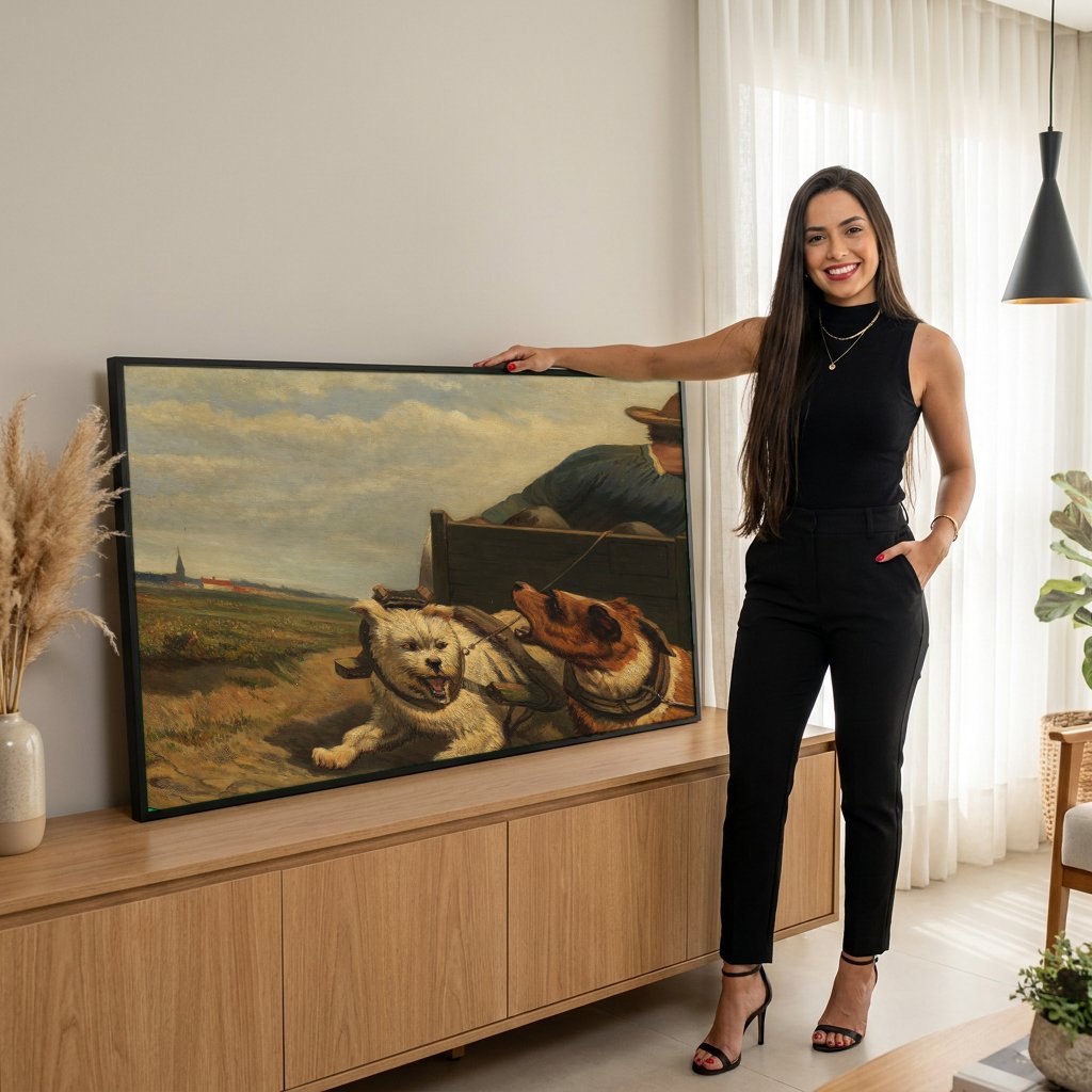 Quadro Decorativo Cães Atrelados - Henriëtte Ronner Knip com modelo em ambiente