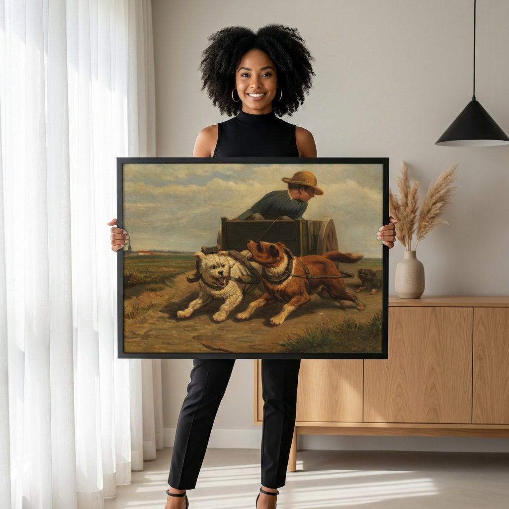 Quadro Decorativo Cães Atrelados - Henriëtte Ronner Knip com modelo em ambiente