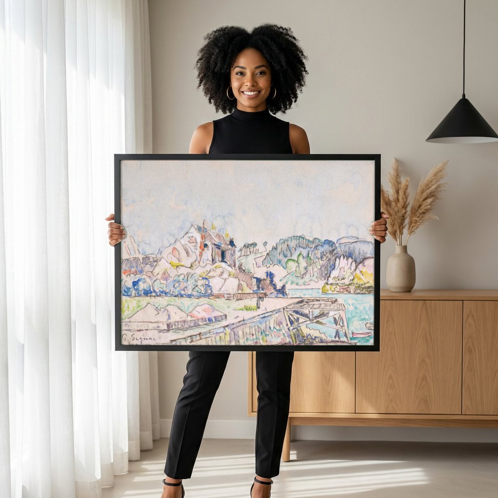 Quadro Decorativo Porto com Casario - Signac com modelo em ambiente