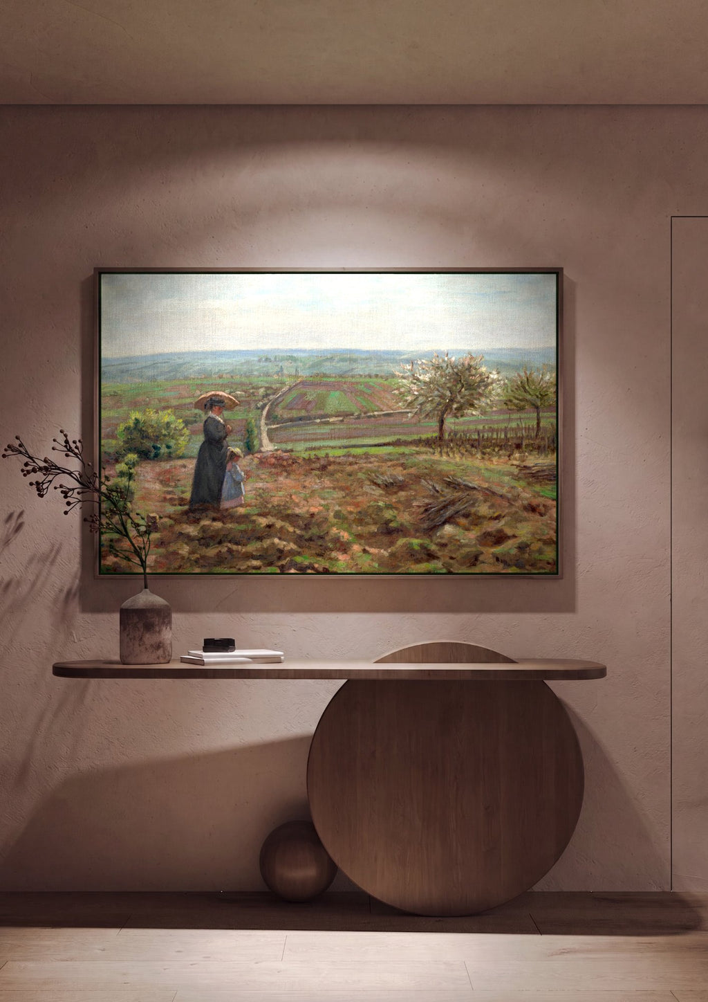 Quadro Decorativo Campo Florido com Figuras - Pissarro em ambiente decorado