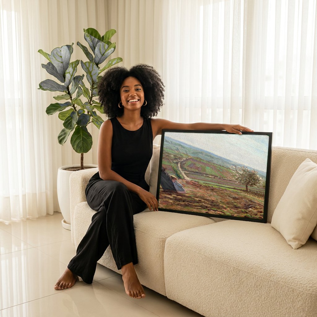 Quadro Decorativo Campo Florido com Figuras - Pissarro com modelo em ambiente