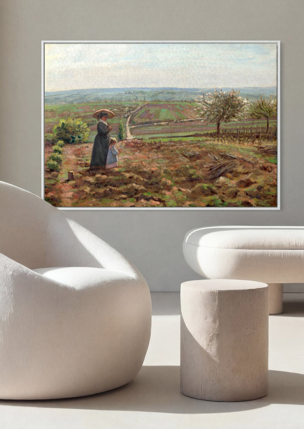 Quadro Decorativo Campo Florido com Figuras - Pissarro em ambiente decorado