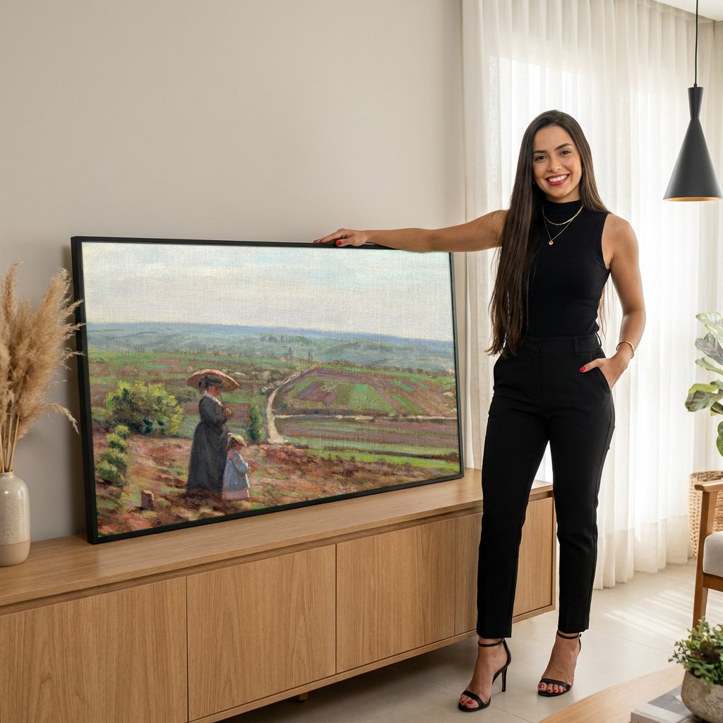 Quadro Decorativo Campo Florido com Figuras - Pissarro com modelo em ambiente