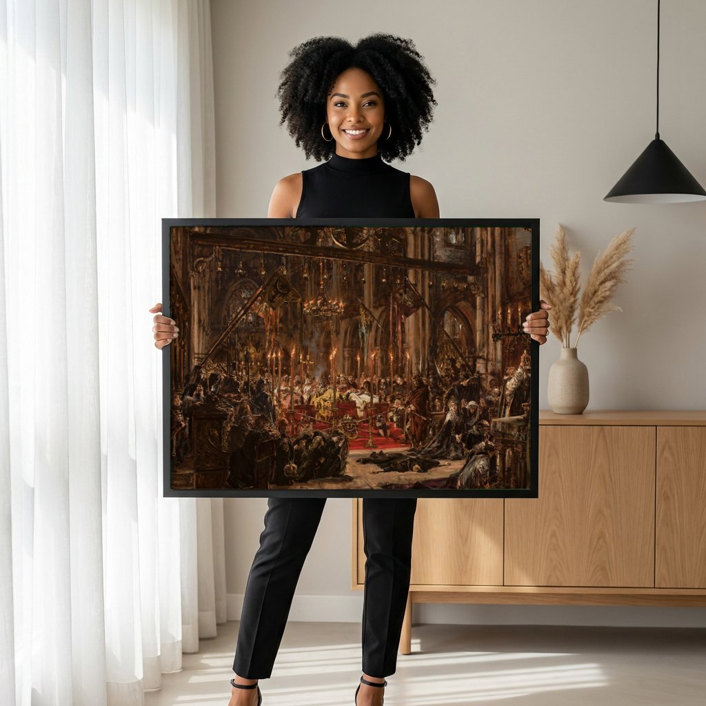 Quadro Decorativo A Morte de Przemysl II - Jan Matejko com modelo em ambiente