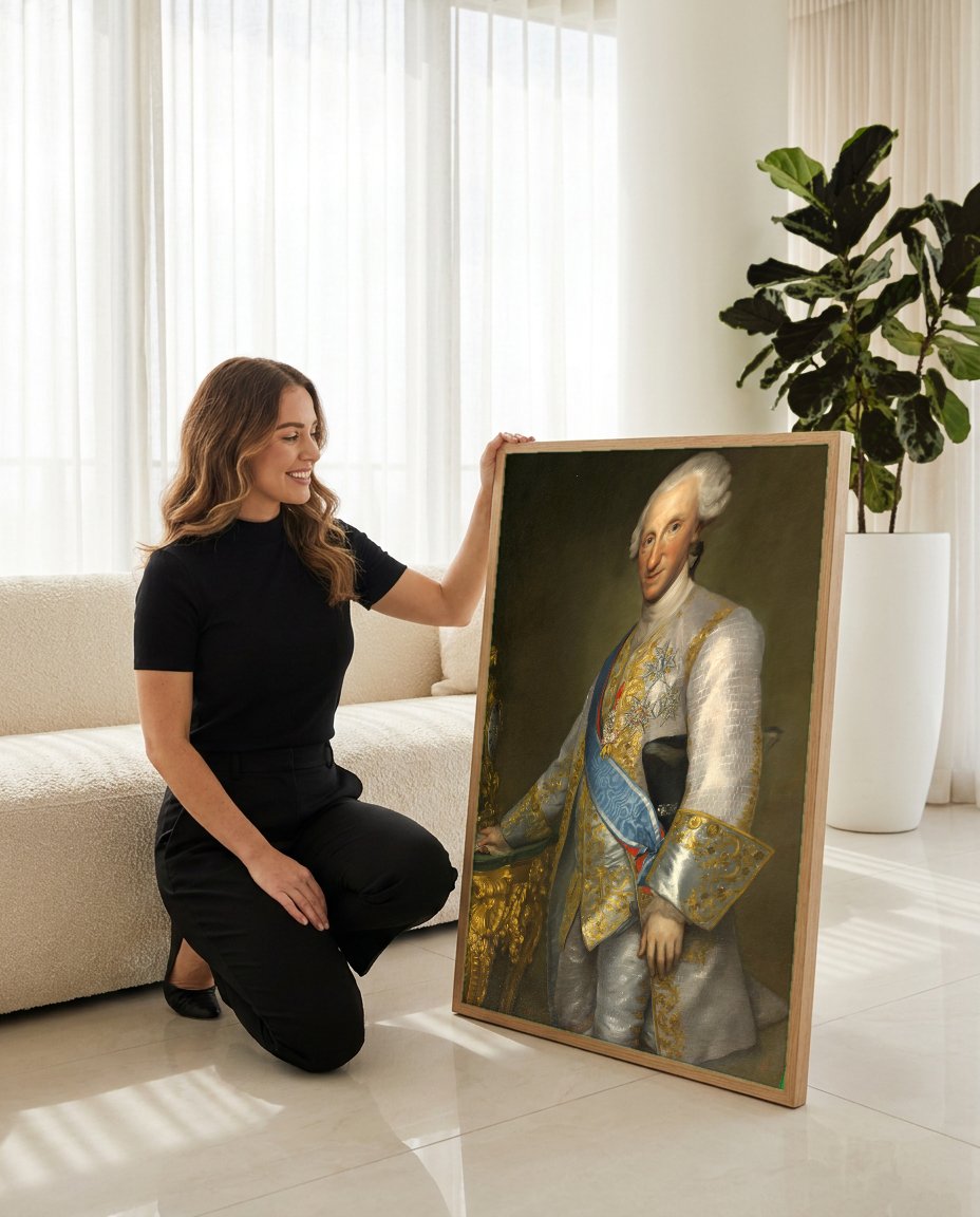 Quadro Decorativo Retrato de Carlos III - Anton Raphael Mengs com modelo em ambiente