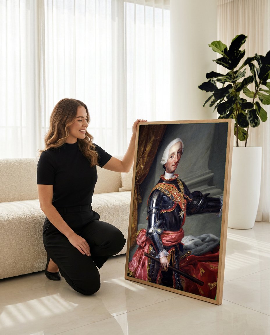Quadro Decorativo Retrato de Carlos III - Anton Raphael Mengs com modelo em ambiente