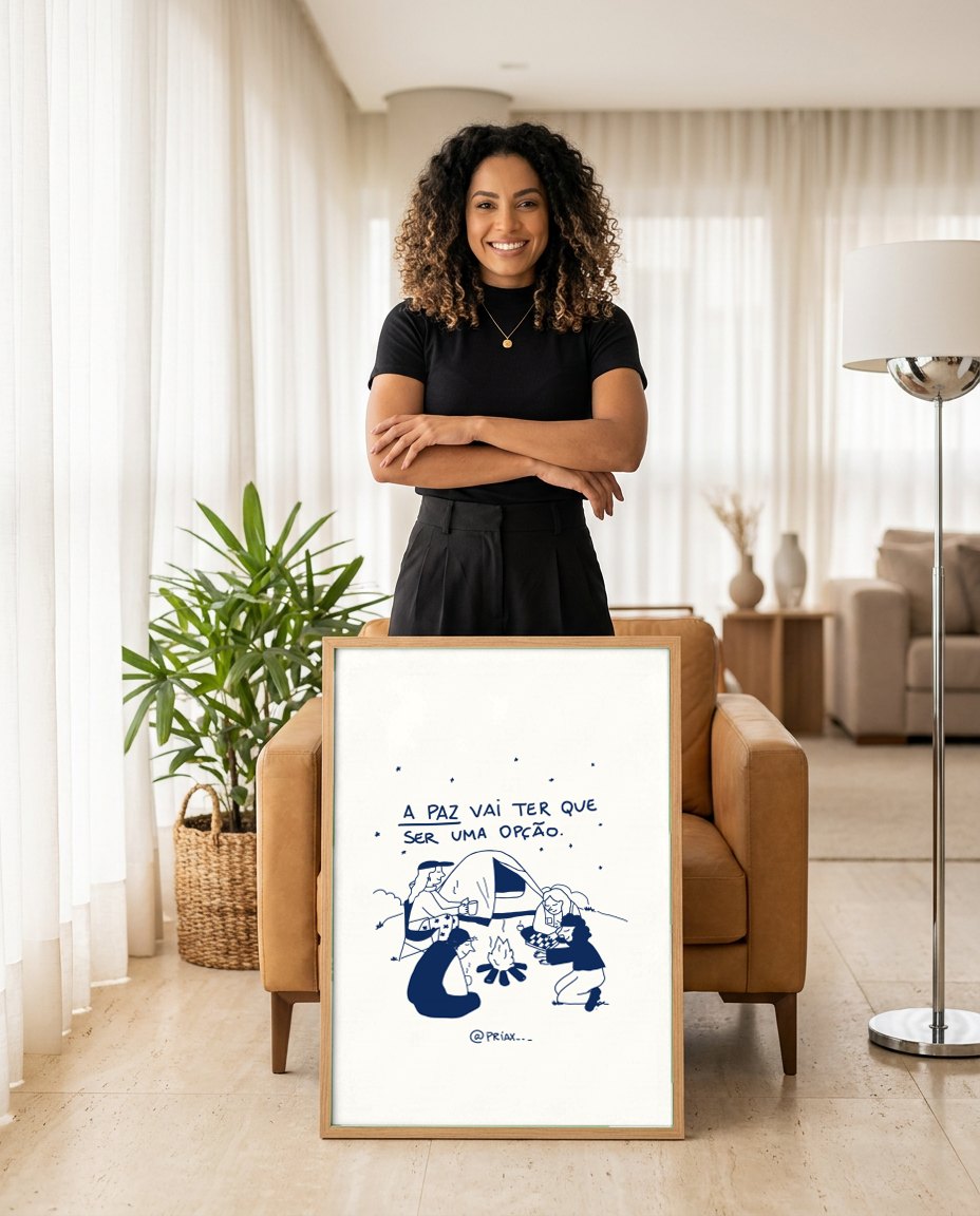 Quadro Decorativo 'A Paz Vai Ter Que Ser Uma Opção' - Priscila Maciel | modelo apresentando o quadro emoldurado