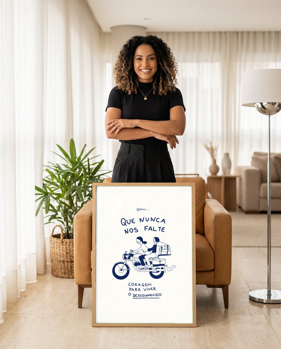Quadro Decorativo 'Que Nunca Nos Falte Coragem' - Moto - Priscila Maciel | modelo apresentando o quadro emoldurado