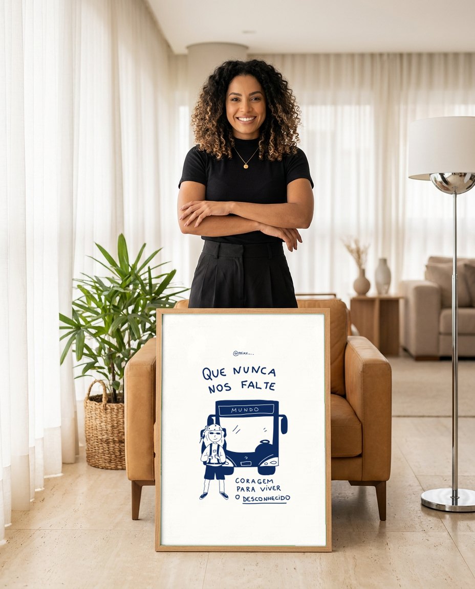 Quadro Decorativo 'Que Nunca Nos Falte Coragem' - Mochileira - Priscila Maciel | modelo apresentando o quadro emoldurado