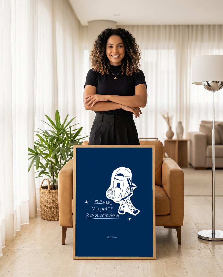 Quadro Decorativo 'Mulher Viajante Revolucionária' - Marinho - Priscila Maciel | modelo apresentando o quadro emoldurado