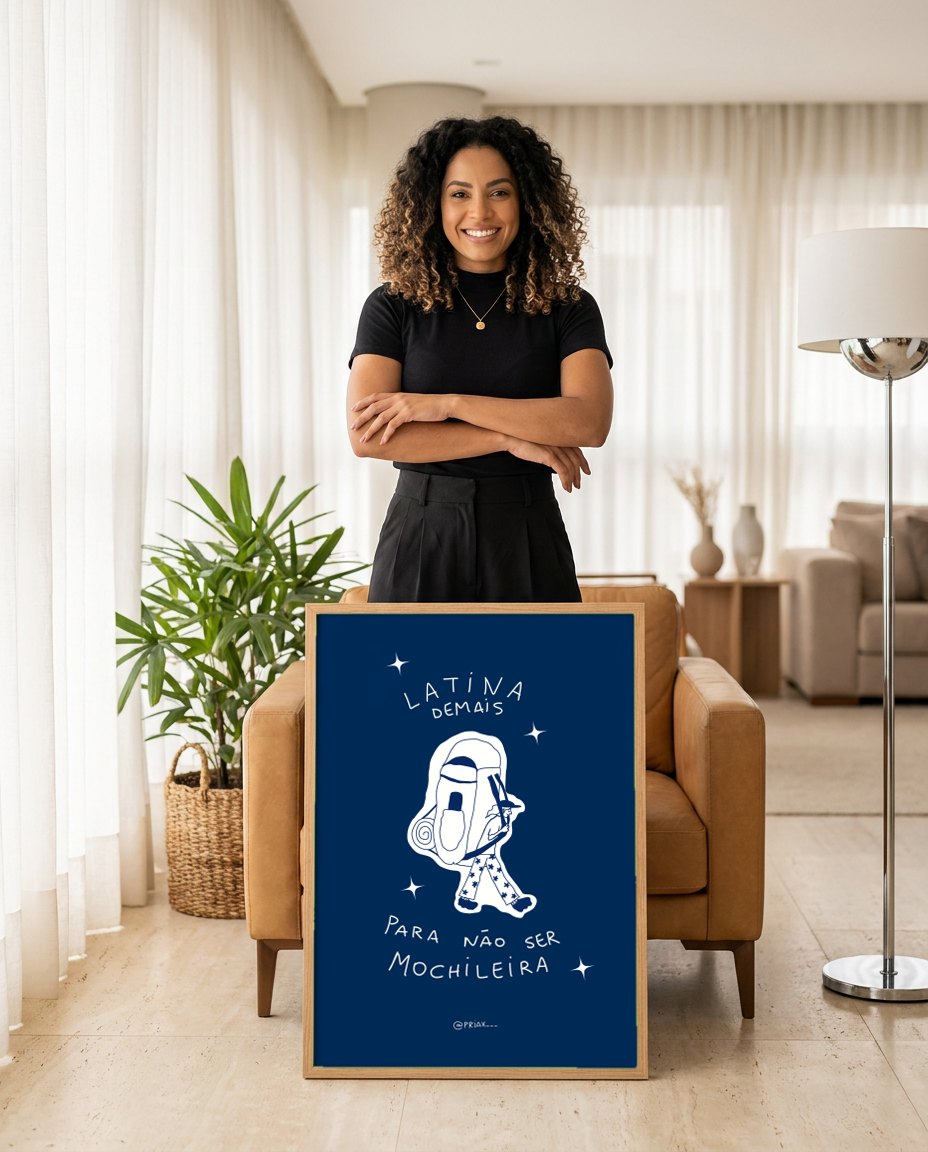 Quadro Decorativo 'Latina' - Marinho - Priscila Maciel | modelo apresentando o quadro emoldurado