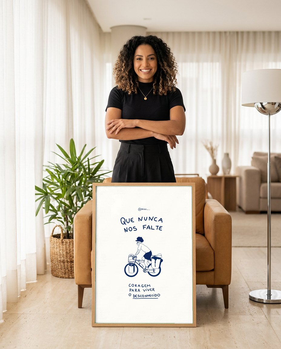 Quadro Decorativo 'Que Nunca Nos Falte Coragem' - Cicloviagem - Priscila Maciel | modelo apresentando o quadro emoldurado