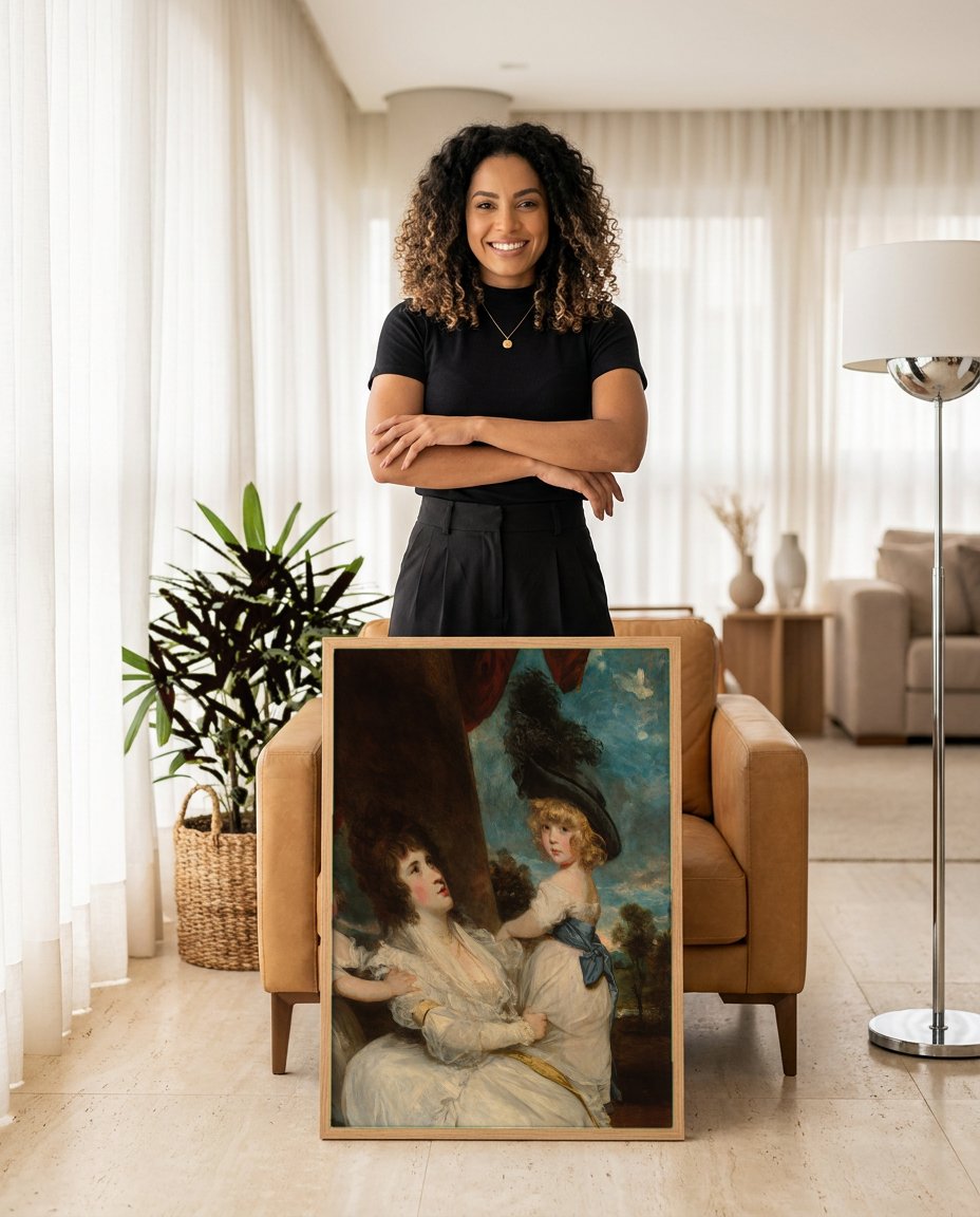 Quadro Decorativo Lady Harrington e Filhos - Sir Joshua Reynolds com modelo em ambiente