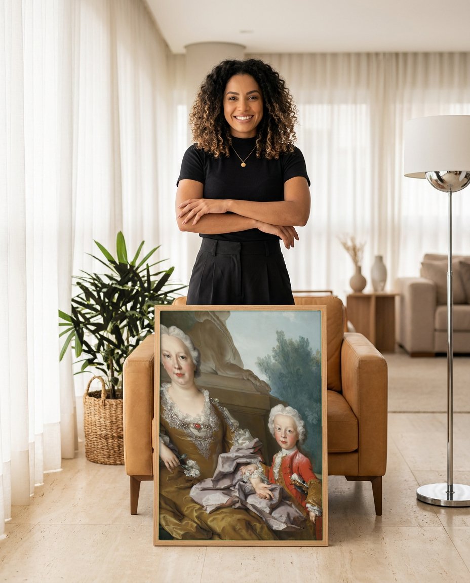 Quadro Decorativo Retrato de Dama e Filho - Largillière com modelo em ambiente