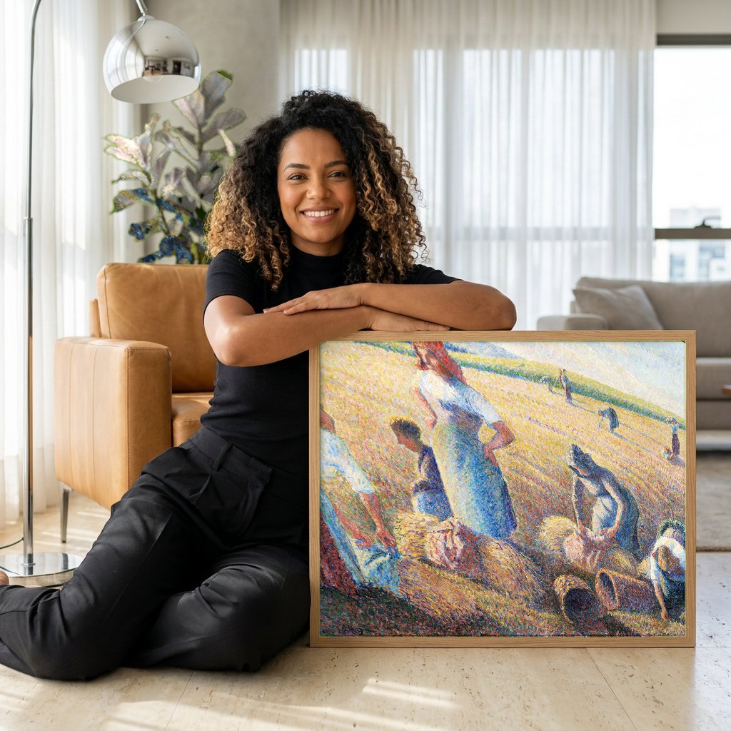 Quadro Decorativo Colheita ao Sol - Camille Pissarro com modelo em ambiente