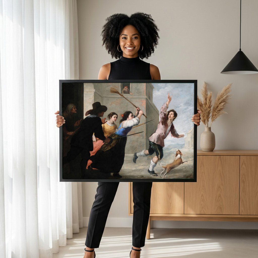 Quadro Decorativo A Fuga do Jovem - Murillo com modelo em ambiente