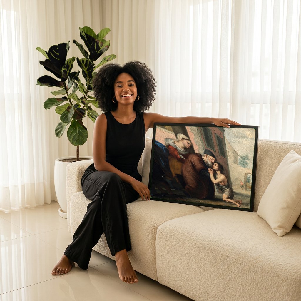 Quadro Decorativo O Filho Pródigo - Murillo com modelo em ambiente