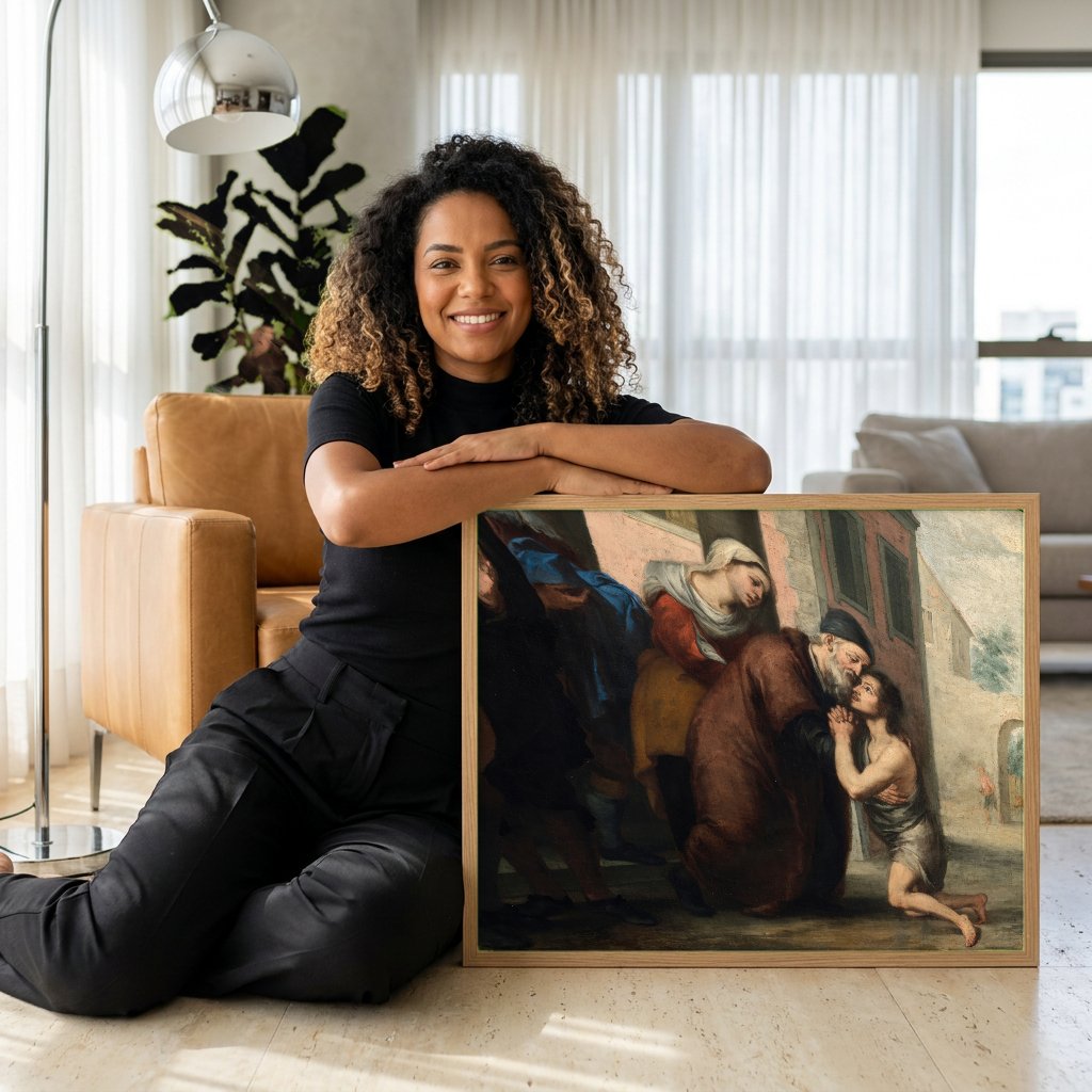 Quadro Decorativo O Filho Pródigo - Murillo com modelo em ambiente