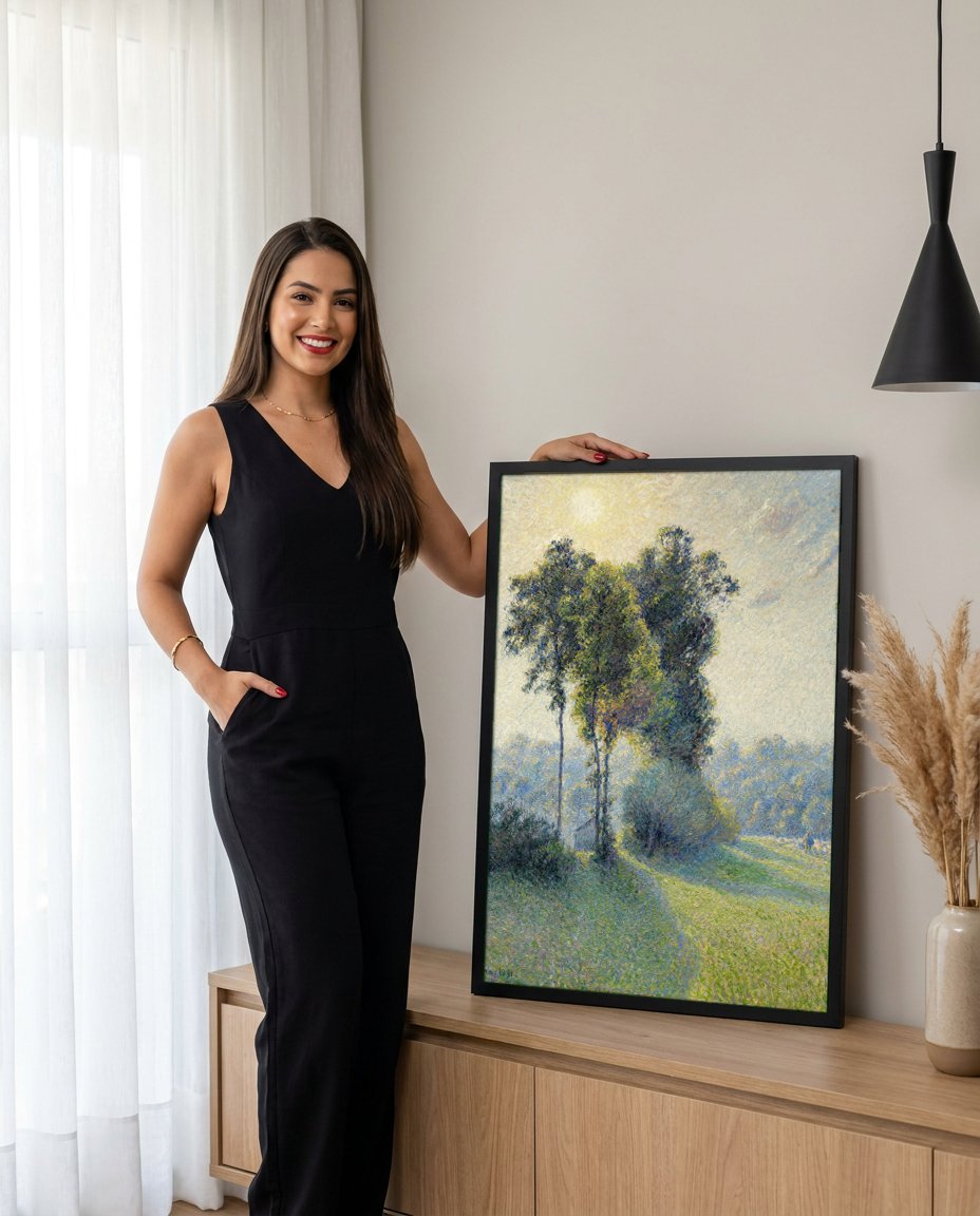 Quadro Decorativo Campo Iluminado - Camille Pissarro com modelo em ambiente
