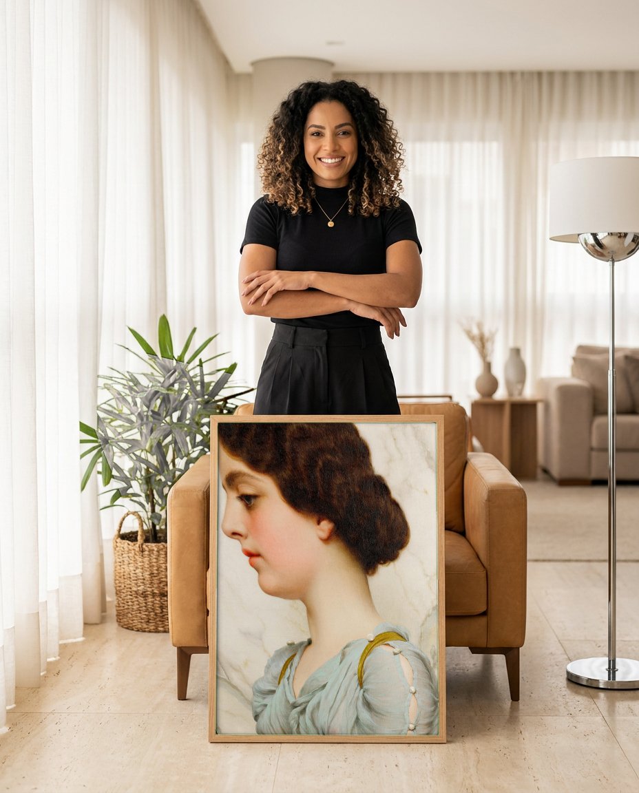 Quadro Decorativo A Young Girl - John William Godward com modelo em ambiente