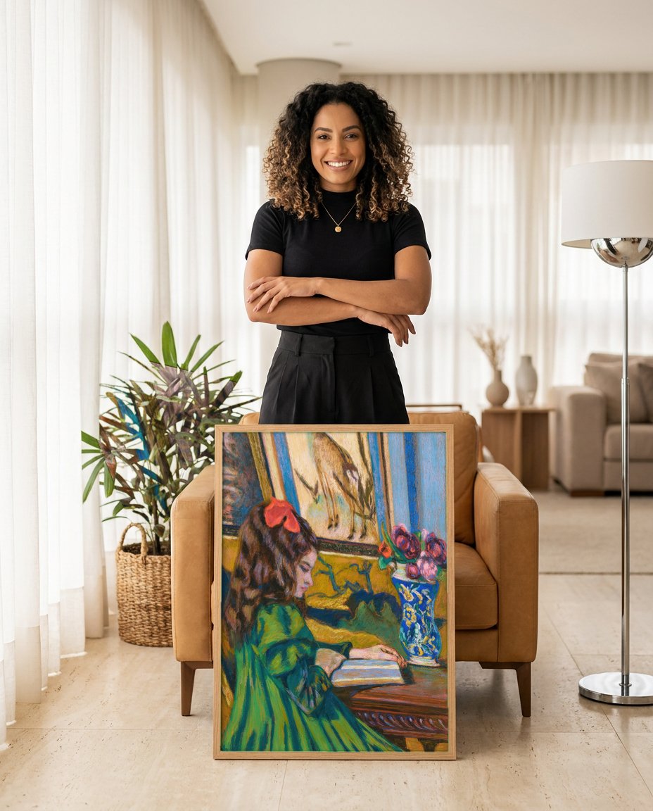 Quadro Decorativo A Leitora - Armand Guillaumin com modelo em ambiente