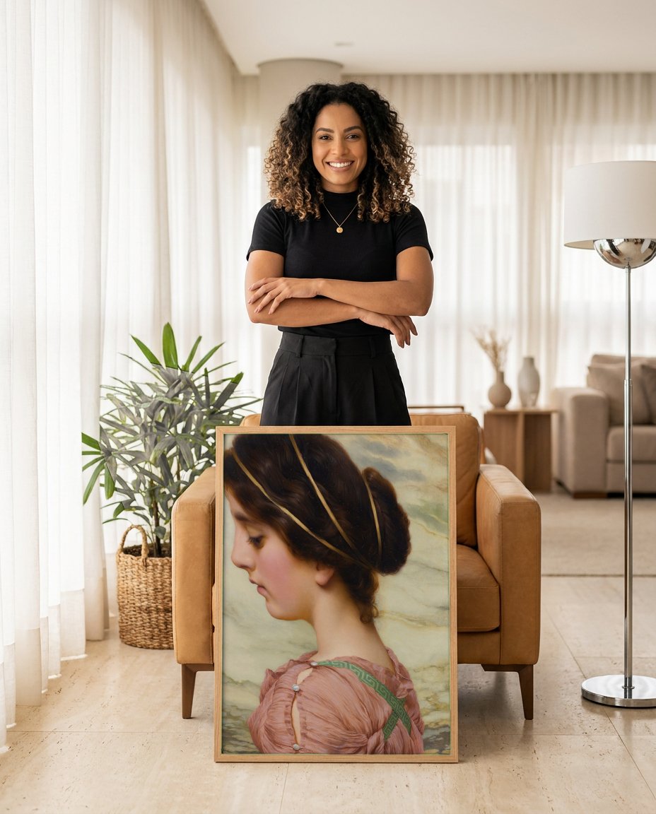 Quadro Decorativo A Greek Girl - John William Godward com modelo em ambiente