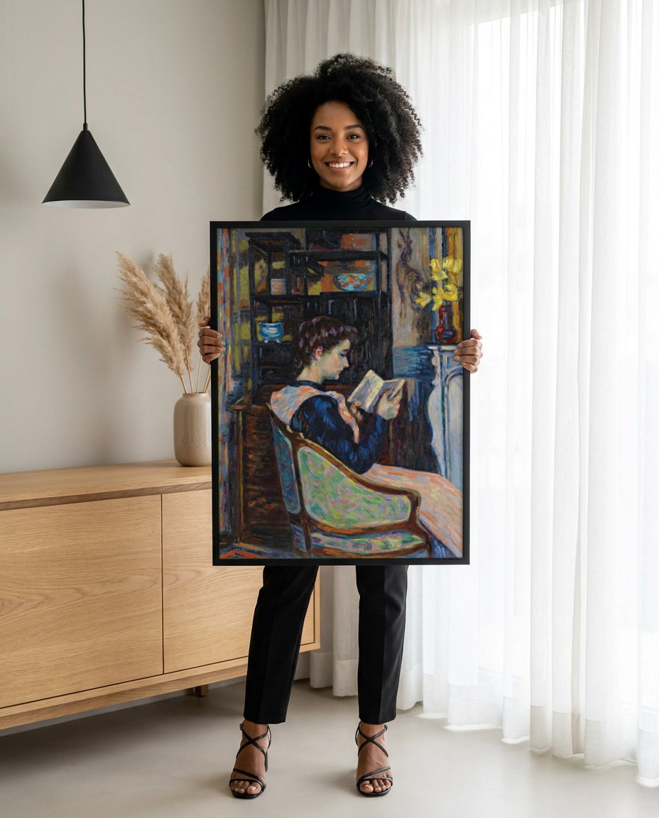 Quadro Decorativo A Leitora - Armand Guillaumin com modelo em ambiente