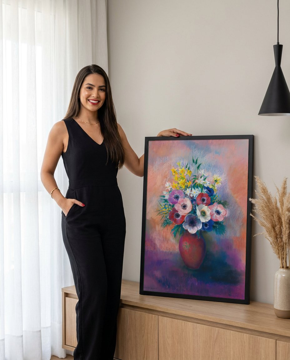 Quadro Decorativo Vaso de Anêmonas - Odilon Redon com modelo em ambiente