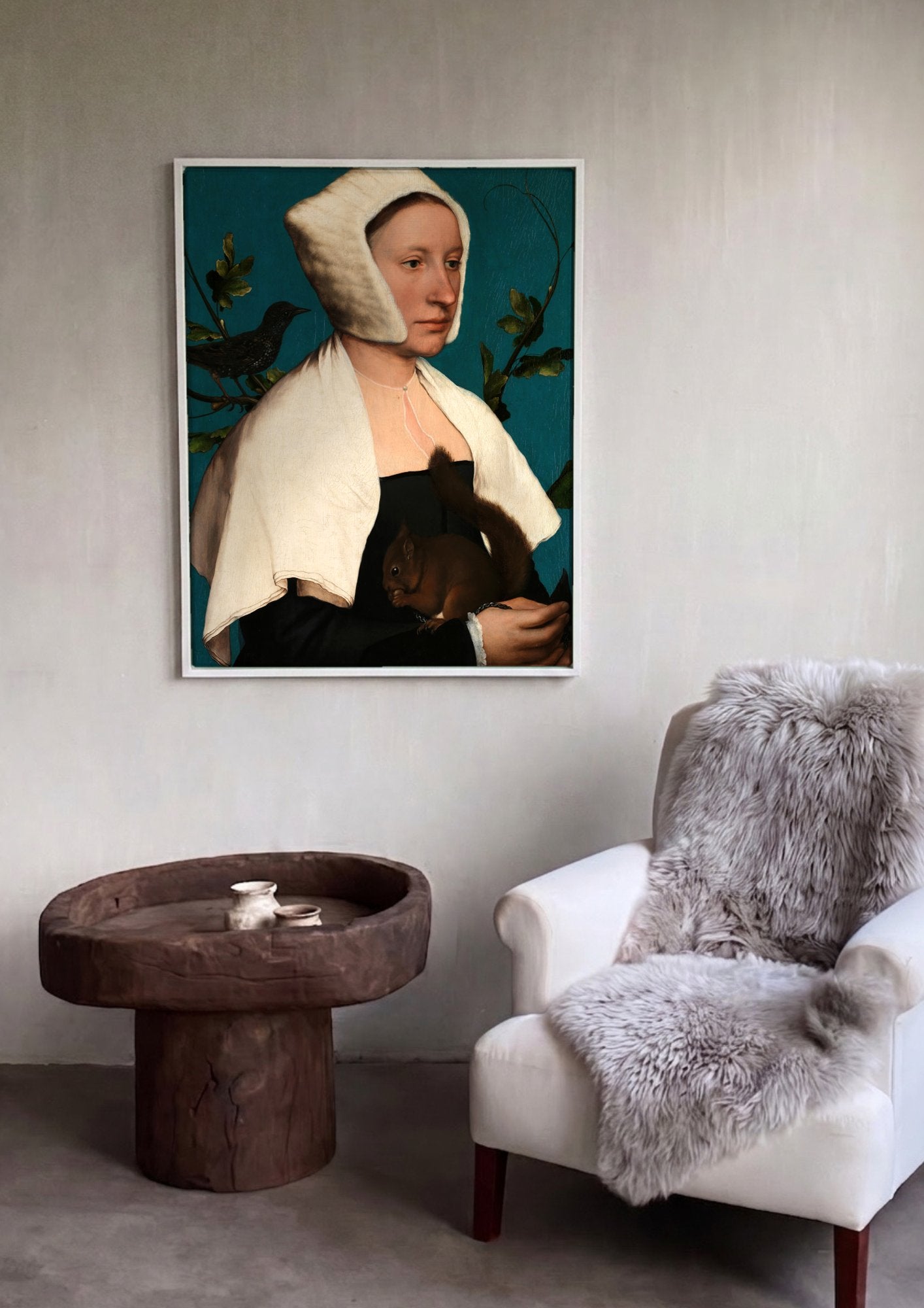 Quadro Decorativo A Dama com um Esquilo e um Estorninho - Hans Holbein em ambiente decorado
