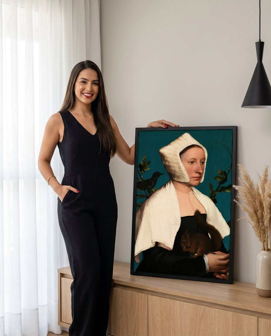 Quadro Decorativo A Dama com um Esquilo e um Estorninho - Hans Holbein com modelo em ambiente