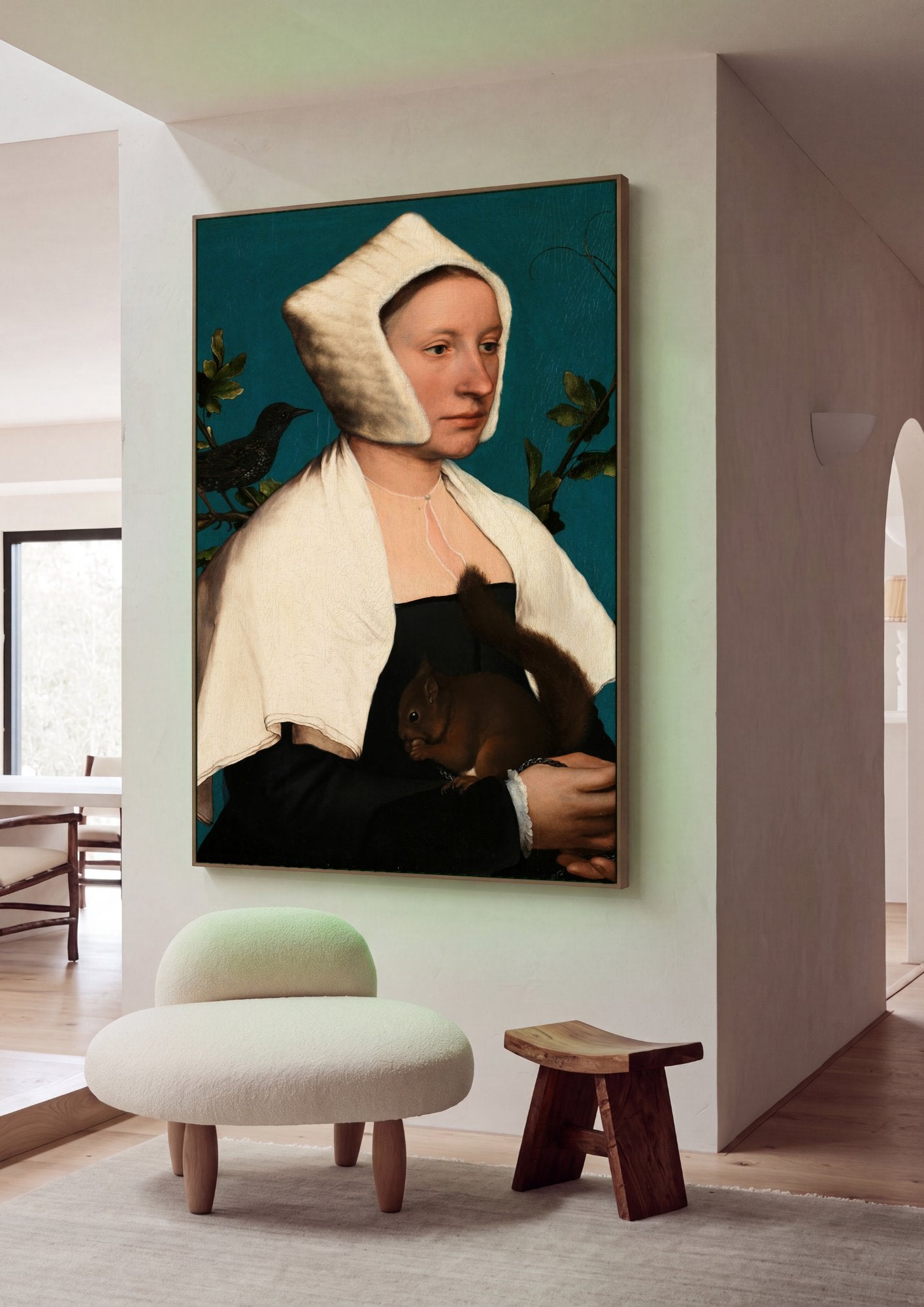 Quadro Decorativo A Dama com um Esquilo e um Estorninho - Hans Holbein em ambiente decorado