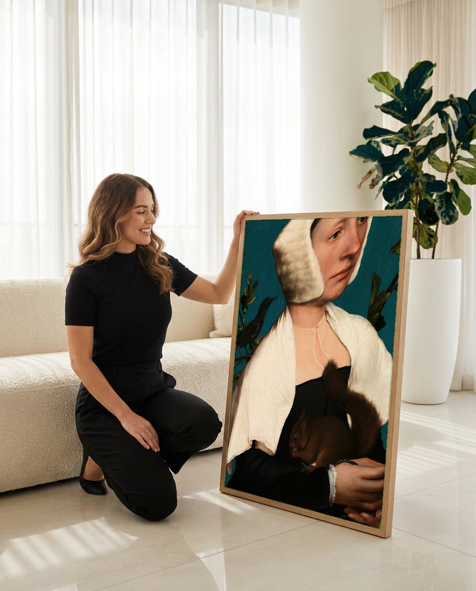 Quadro Decorativo A Dama com um Esquilo e um Estorninho - Hans Holbein com modelo em ambiente