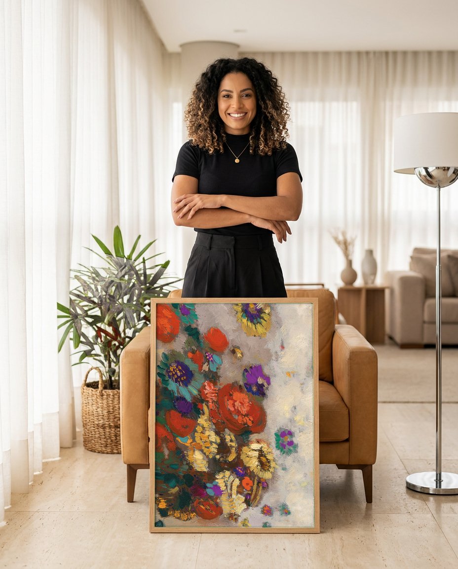 Quadro Decorativo Flores Abstratas - Odilon Redon com modelo em ambiente