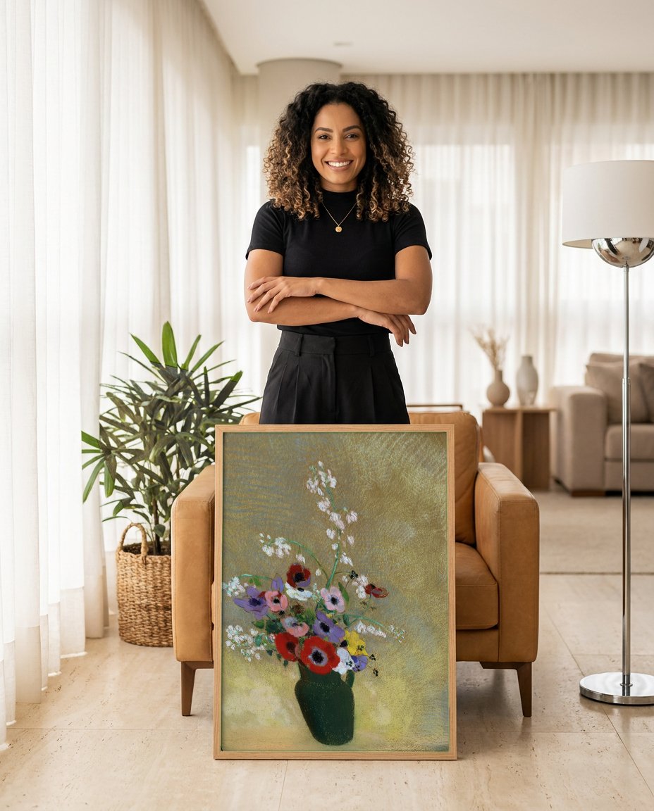 Quadro Decorativo 'Vaso de Anêmonas' - Odilon Redon com modelo em ambiente