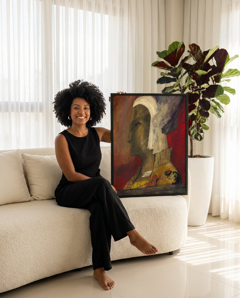Quadro Decorativo A Cabeça Mística - Odilon Redon com modelo em ambiente