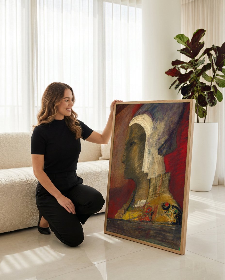 Quadro Decorativo A Cabeça Mística - Odilon Redon com modelo em ambiente
