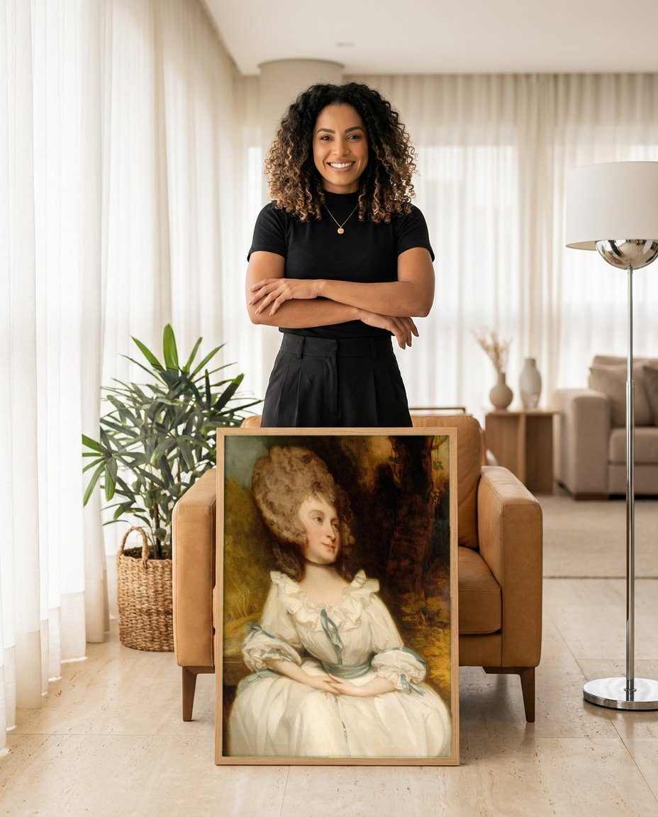 Quadro Decorativo Retrato de Lady Hamilton - George Romney com modelo em ambiente