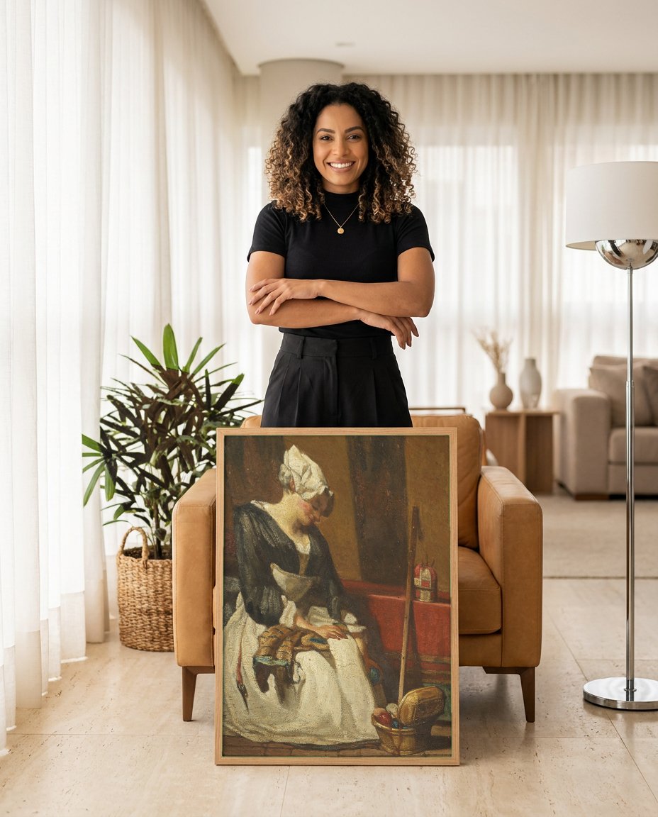 Quadro Decorativo A Costureira - Jean Siméon Chardin com modelo em ambiente