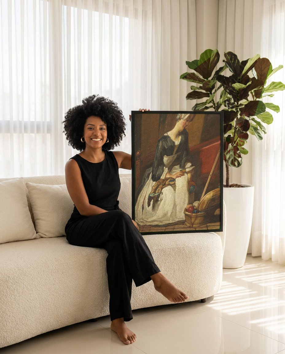 Quadro Decorativo A Costureira - Jean Siméon Chardin com modelo em ambiente
