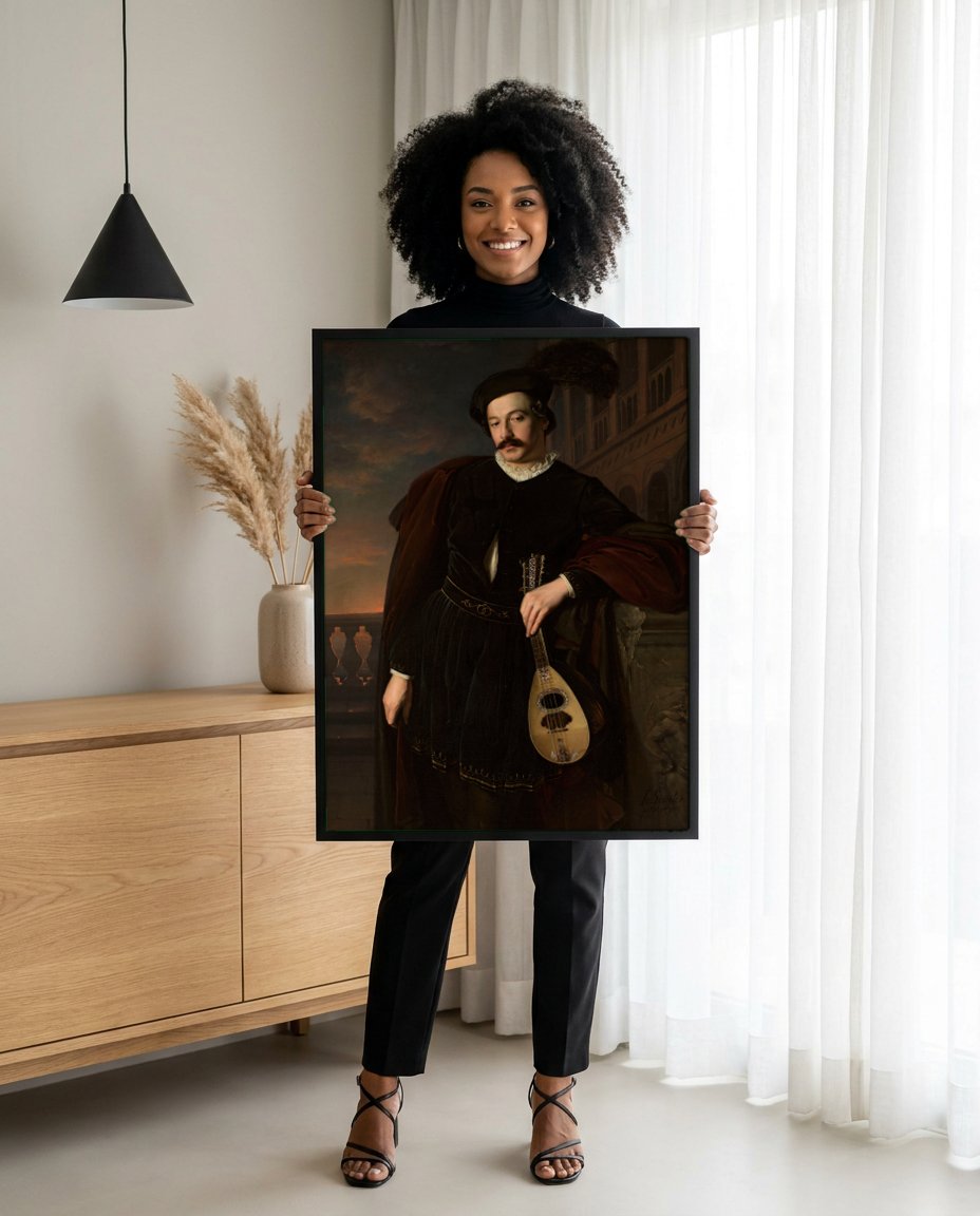 Quadro Decorativo 'O Menestrel' - Józef Simmler com modelo em ambiente
