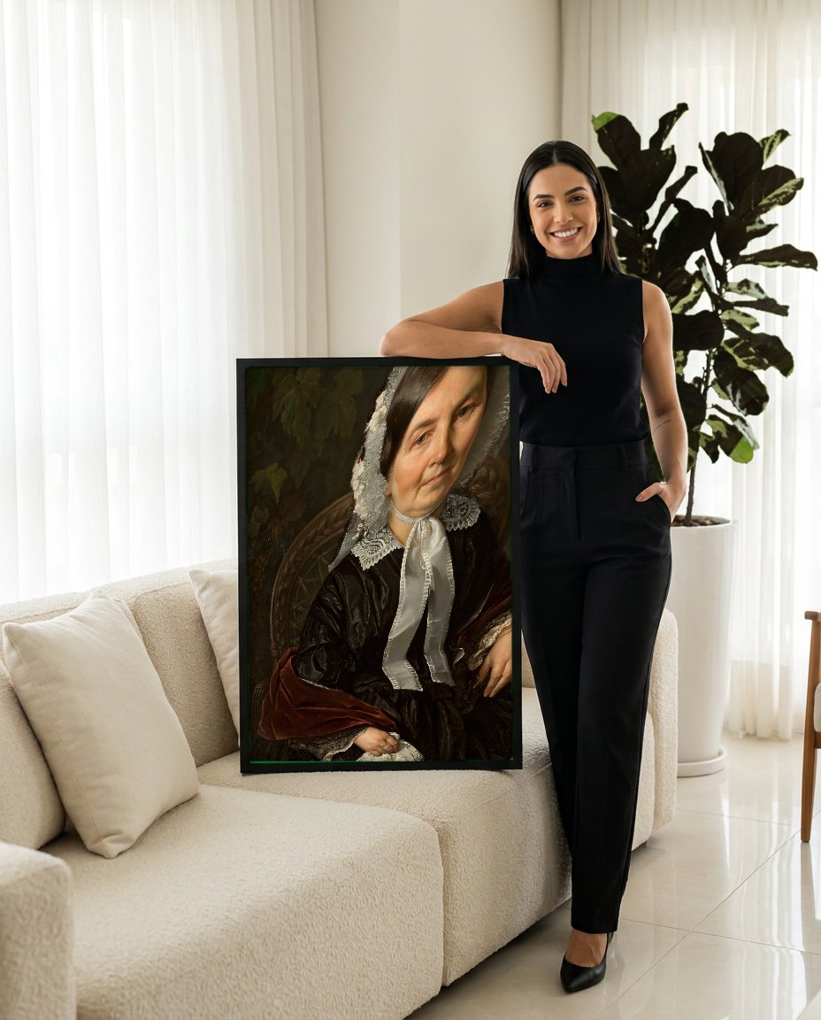 Quadro Decorativo Retrato de Mulher - Simmler com modelo em ambiente