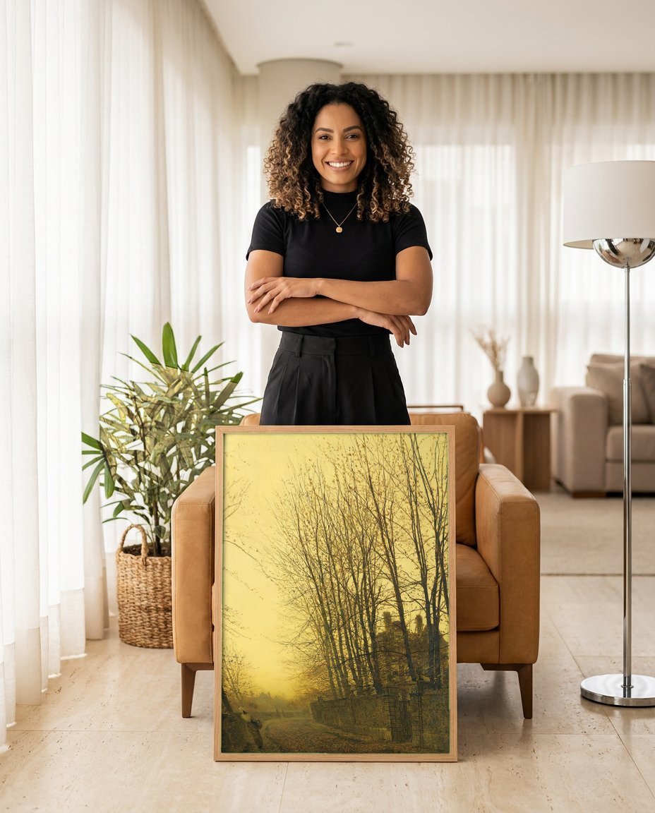 Quadro Decorativo 'Noite de Inverno' - Grimshaw com modelo em ambiente