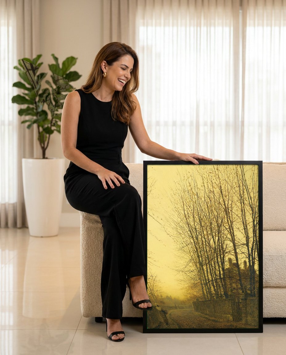 Quadro Decorativo 'Noite de Inverno' - Grimshaw com modelo em ambiente