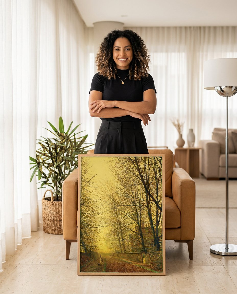 Quadro Decorativo Paisagem Outonal - Grimshaw com modelo em ambiente