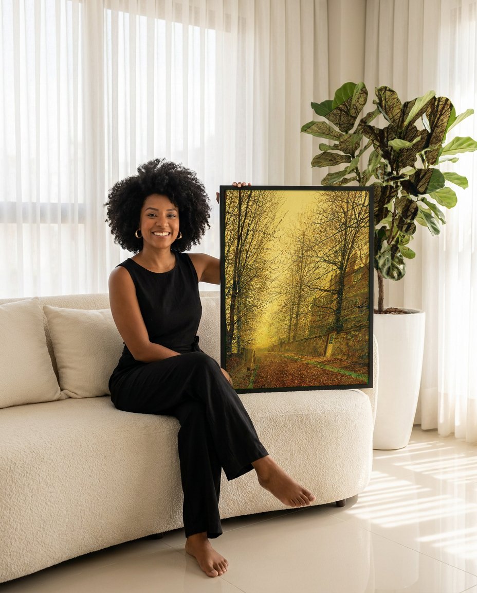 Quadro Decorativo Paisagem Outonal - Grimshaw com modelo em ambiente