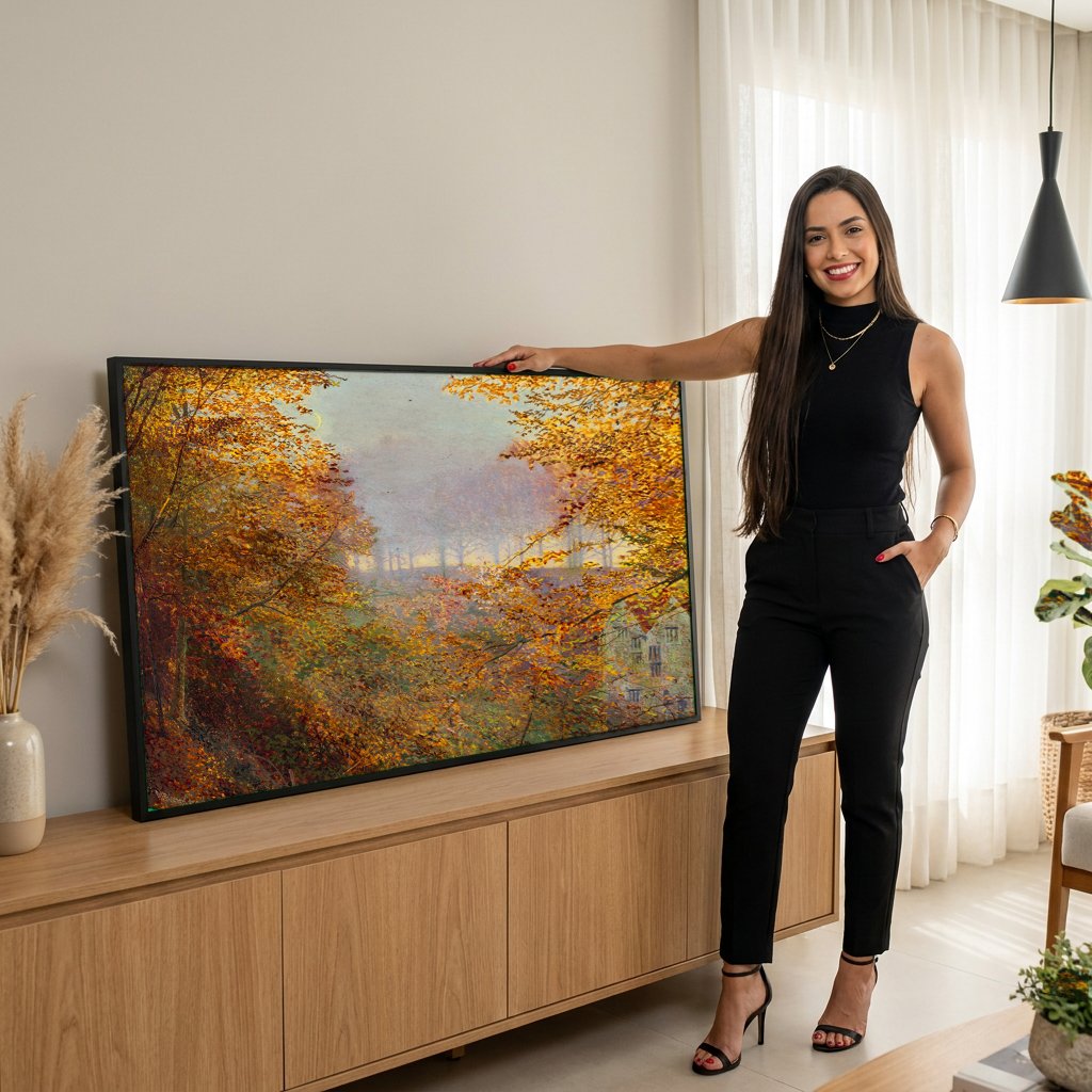 Quadro Decorativo Paisagem Outonal - Grimshaw com modelo em ambiente